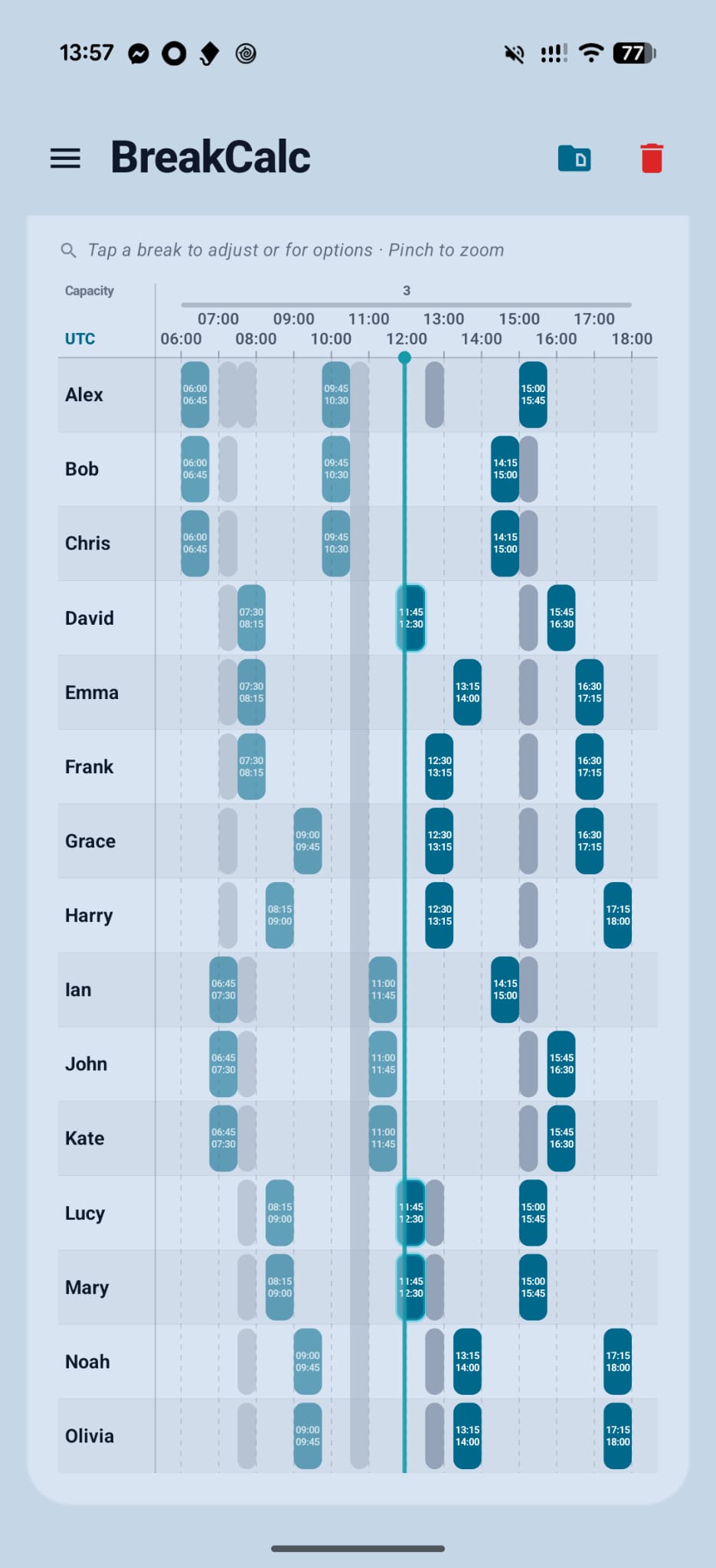 BreakCalc phone Timeline showing breaks across the complete shift